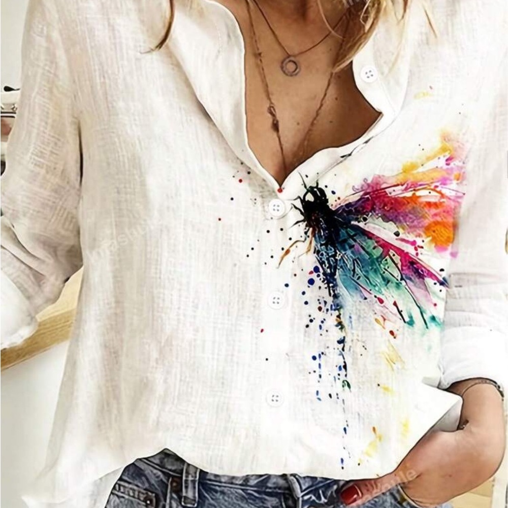 SHEIN White Pink Graphic Button Down Shirt - Picture 1 of 4